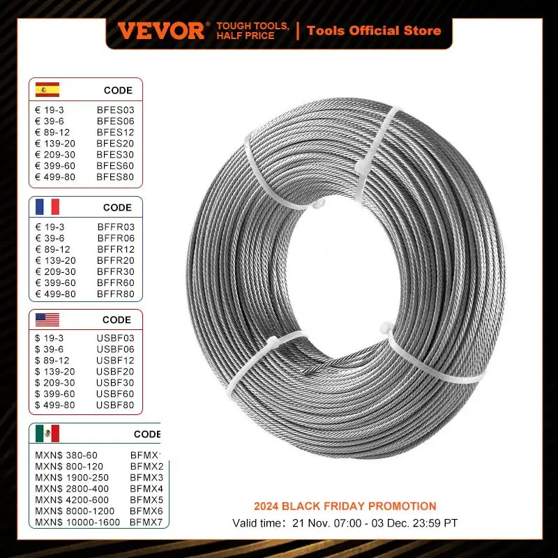 VEVOR Wire Rope 316 Stainless Steel Fishing Lifting Cable 100FT Anti-Corrosion Fastness Fishery 1/8 in./3.2mm Diameter