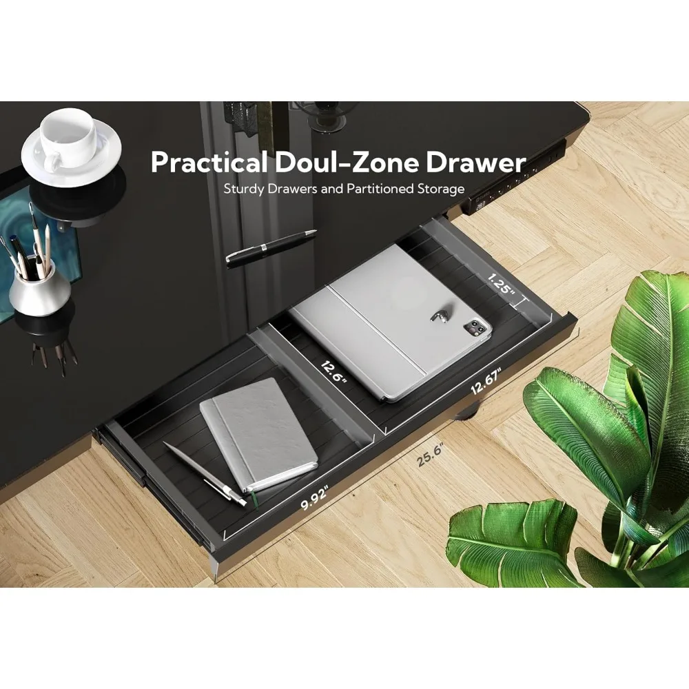 Mesa de pé com tampo de vidro ajustável de 40 polegadas com gavetas e portas de carregamento USB para uso em escritório doméstico