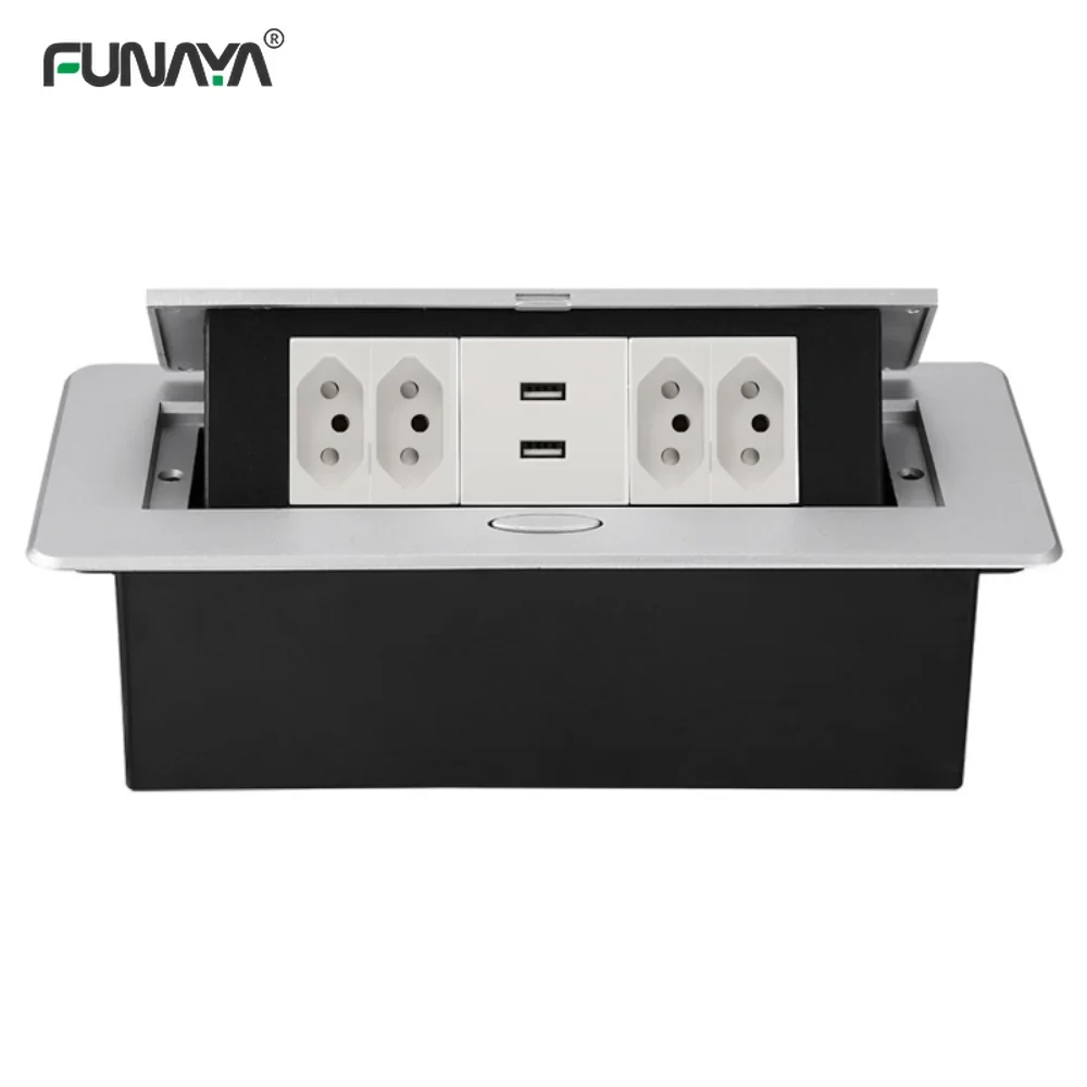 Brazil Table Pop Up Sockets 16A 4 Outlets 2 USB 2.1A  AC 50~440V Switzerland Alloy Black Electric Built In Hidden Power Socket