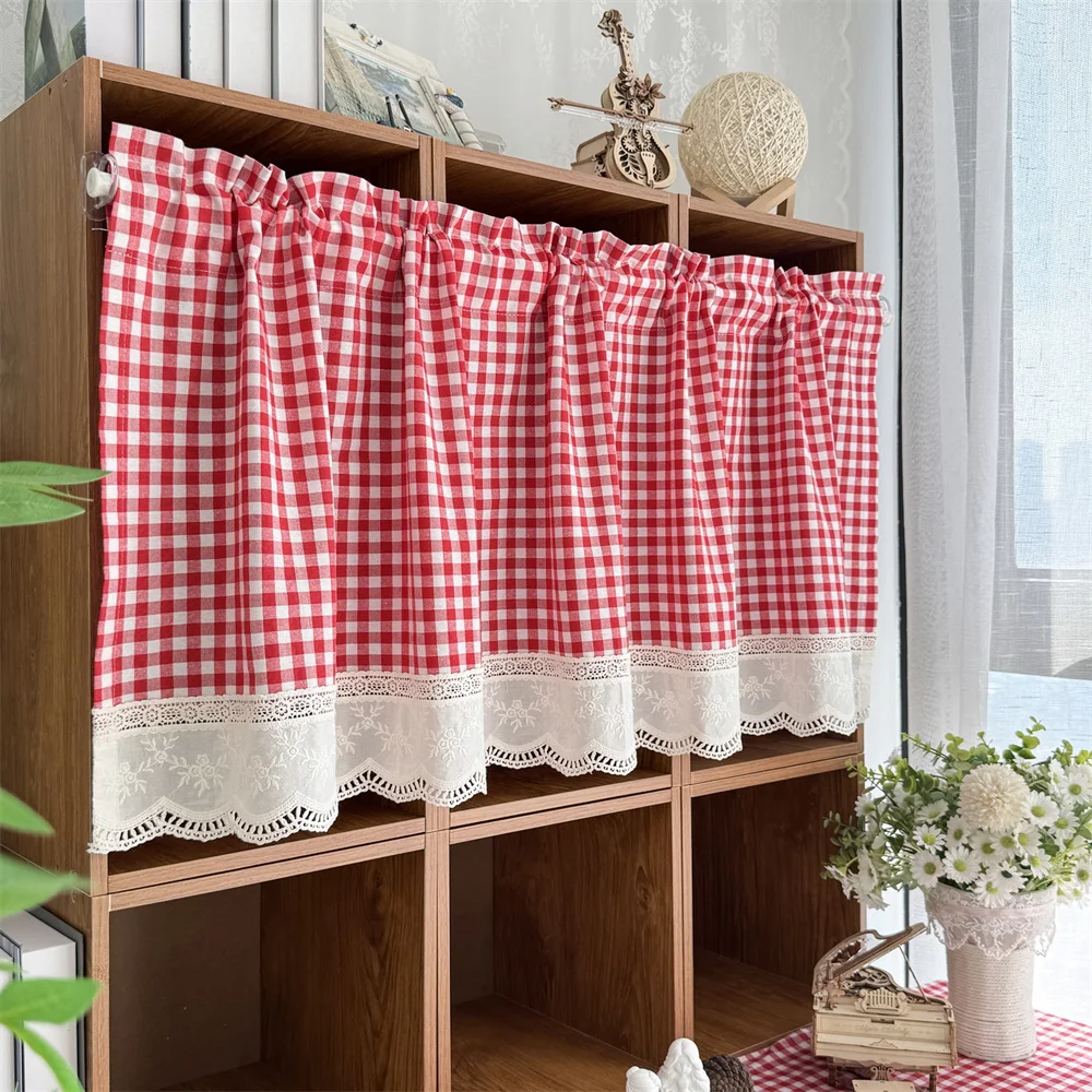 Vintage Farmhouse Gingham Curtain, White Lace Patchwork Short Valance for Kitchen Cabinet Window Door Rod Pocket Decor