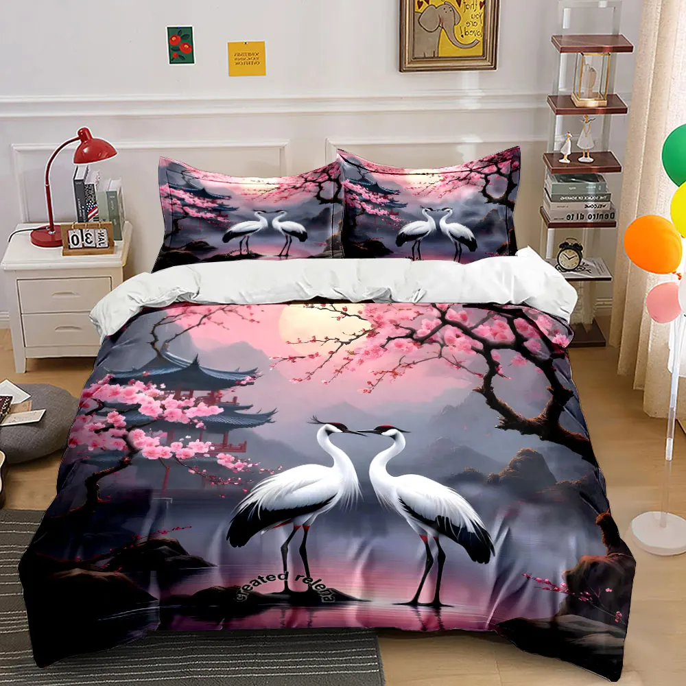 Two cranes in cherry blossom courtyard Printed Duvet Cover Set1 Duvet Cover+2 PillowcaseMulti Size Bedroom Bedding Decor