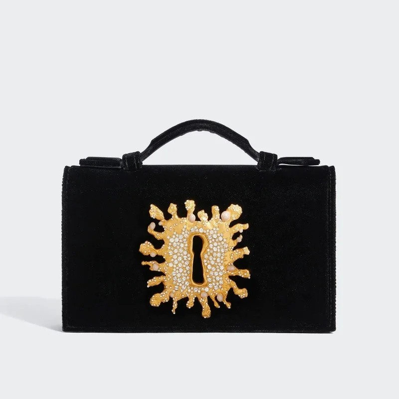Bijoux Keyhole Clutch Women High Quality Black Velvet Crystal Embellishment Luxury Handbag Gold Metal Chain Elegant Shoulder Bag