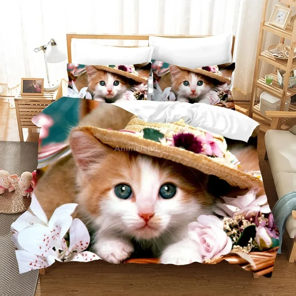 Cute Cats Bedding Set Lovely Animal Pet Flower Modern Luxury Duvet Cover Set Comforter Bed Linen Queen King Single Size Dropship