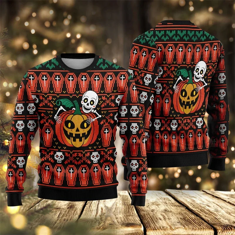 2026 Neuer Halloween-Hässlicher Pullover für Männer, Modische Kürbis-, Geister- und Totenkopf-3D-Druck-Sweatshirts, Lässige Übergroße Festtagskleidung – Detail 8