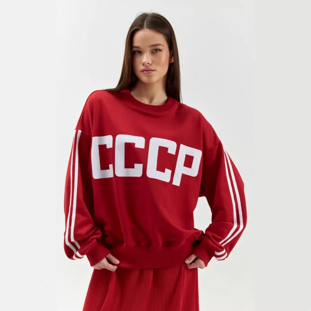 

Модные хлопковые свитшоты с принтом и контрастными вставками, весна-осень, женская повседневная одежда для путешествий, с вышивкой в виде букв, повседневный топ с круглым вырезом