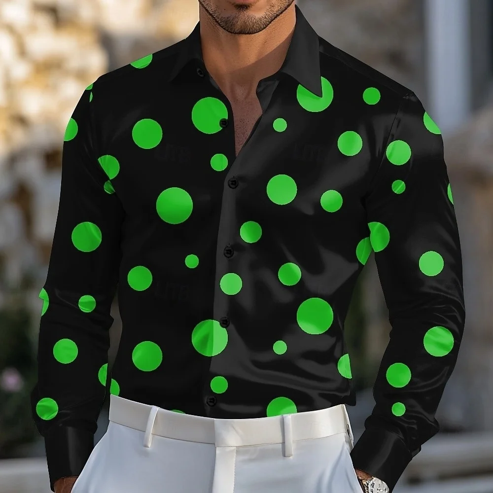 Herren-Langarmhemden mit geometrischem Polka-Dot-Muster, Reversknopf, lässig, Outdoor-Mode, Freizeit, Urlaub, vielseitige Frühlingskleidung