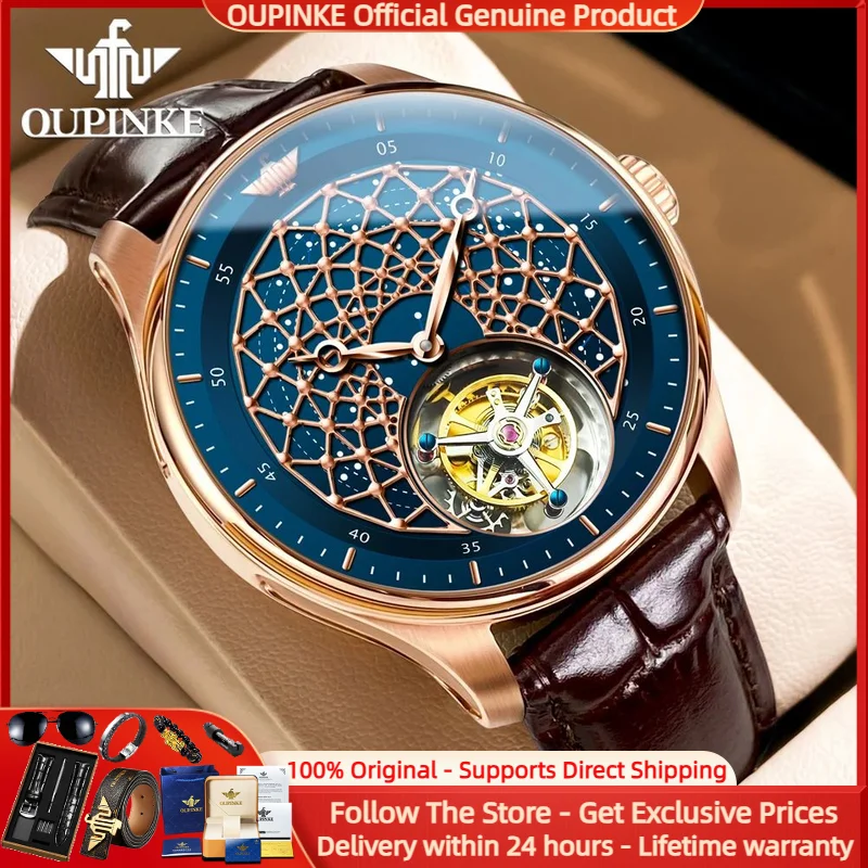 

OUPINKE 8002 Tourbillon Watch Swiss Certified Men Luxury High end All Automatic Mechanical Watch Waterproof HD Hollow Men Watch