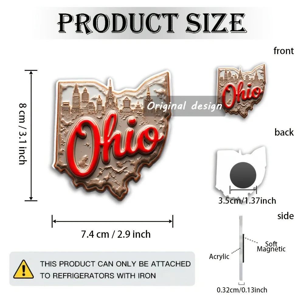 2D Flat Acrylic Ohio Skyline Magnet. Bold Design. Xmas & Halloween Gift for Locals, Tourists & Graduation