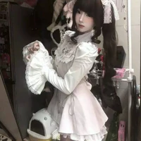 Jirai Kei Black White Bell Sleeve Lace Bow Collar Ryousan Dress Women Sweet Kawaii Dark Gothic Lolita Y2K Skirt Japanese Style 6