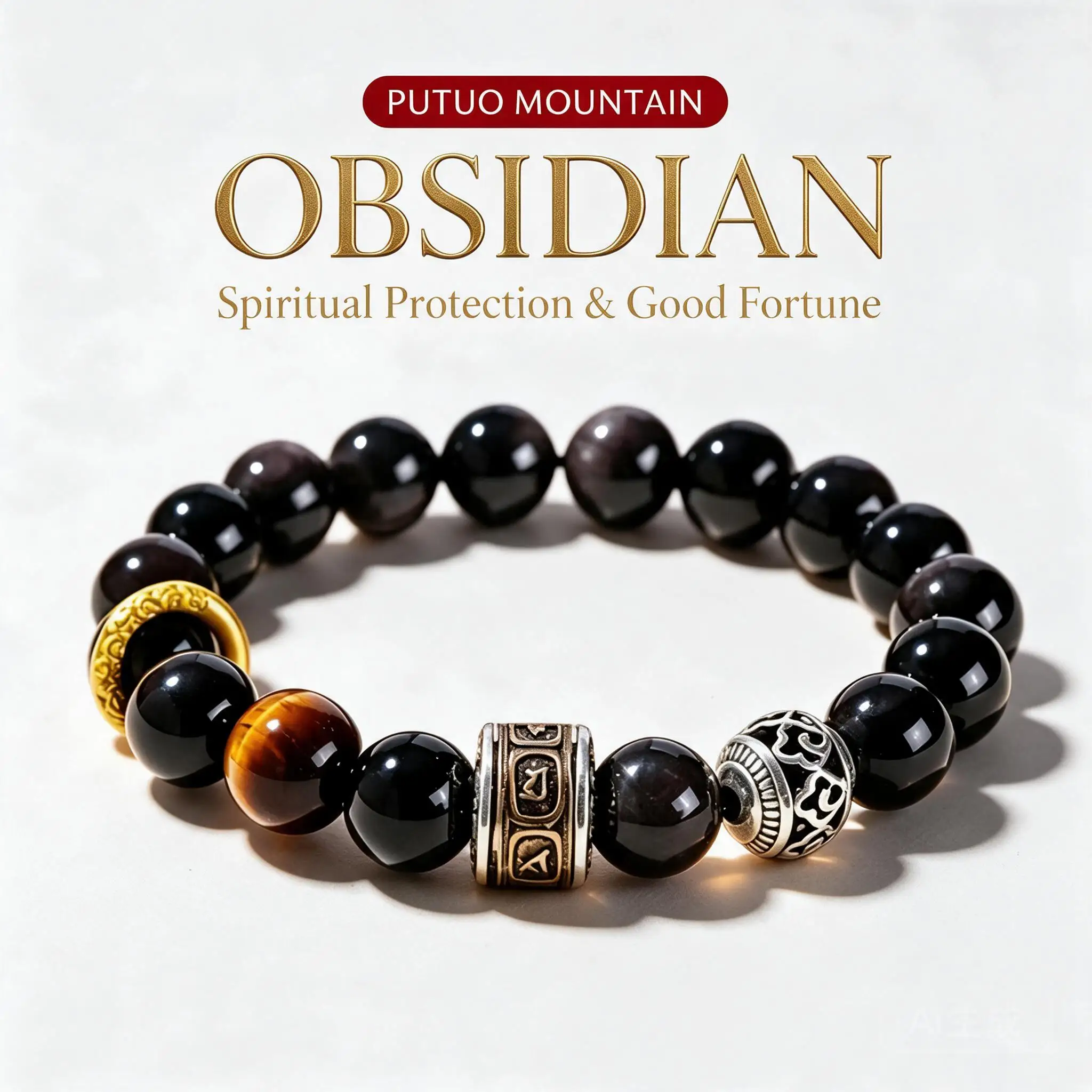 Chinese Style 10mm Natural Black Obsidian Tiger Eye Handstring Bracelet For Good Luck Wealth Fortune Blessed Amulet Unisex Gift