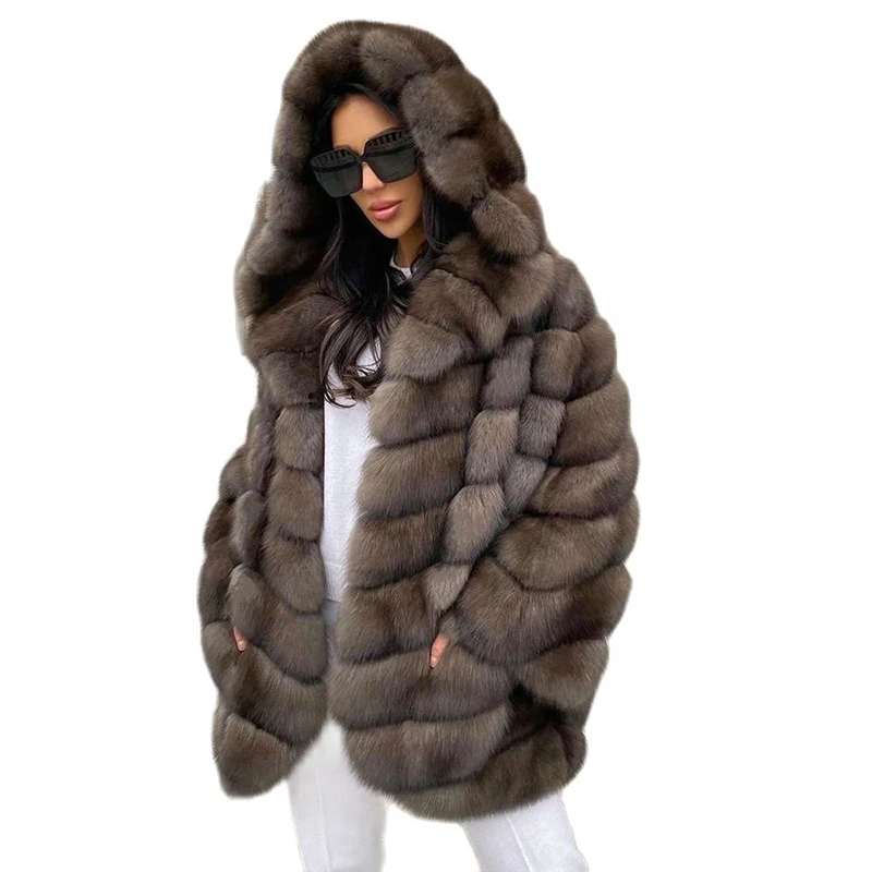 Hooded Sable Color Natural Fox Fur Coat Women Luxury Fashion Outertwear Warm High High Quality Real Fur Jacket Female 2023 New