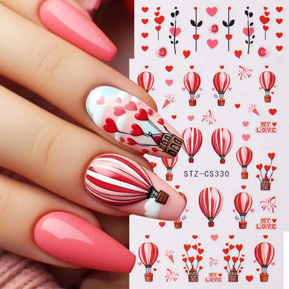 Autocollants pour Nail Art, ballon en forme de cœur d'amour, pour la saint-valentin, Design mignon, autocollants auto-adhésifs pour Nail Art, curseur, accessoires de manucure, 2 pièces