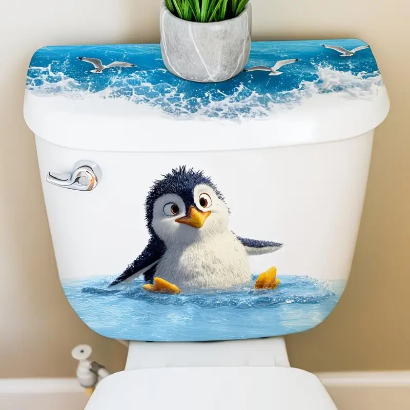 Cute Swimming Penguin Toilet Sticker Toilet Lid Tank Sticker Bathroom Wall Sticker Self-Adhesive Removable Decals Home Decor