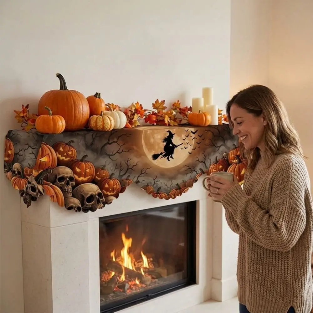 Scalloped Edge Halloween Mantel Scarf Haunted House Autumn Pattern Fireplace Shelf Cover Country-Style Pumpkin Theme