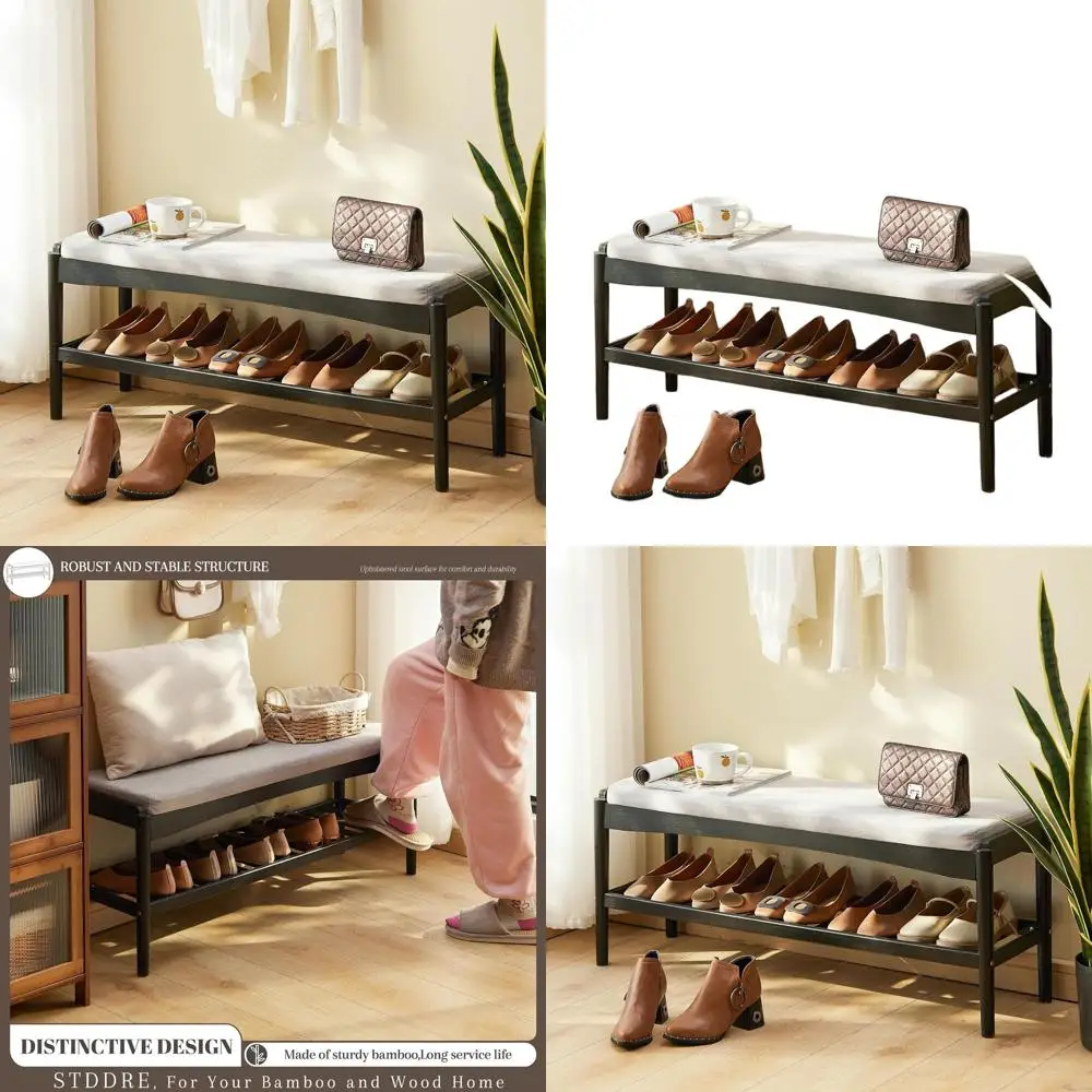 2-Tier Bamboo Shoe Rack with Cushioned Seat for Entryway, Hallway, Living Room, and Bedroom (Black-Gray, 39.4x11.4x16.5IN)