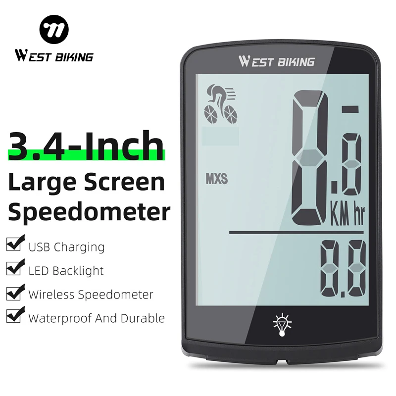 WEST BIKING Bike Computer Wireless Speedometer 3.4 Inch Large Screen USB Rechargeable Waterproof Multi-function for Cycling