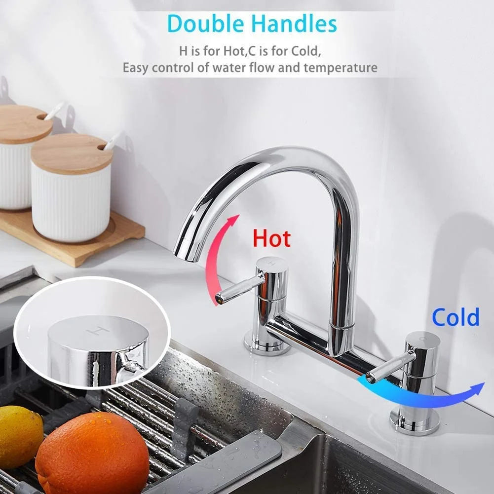 

【Ship Within Kitchen Sink Mixer Tap,2 Hole Kitchen Mixer Tap,Dual Lever Bridge Faucet ,180Mm Centres Deck Mounted,1/4 Turn,Swive