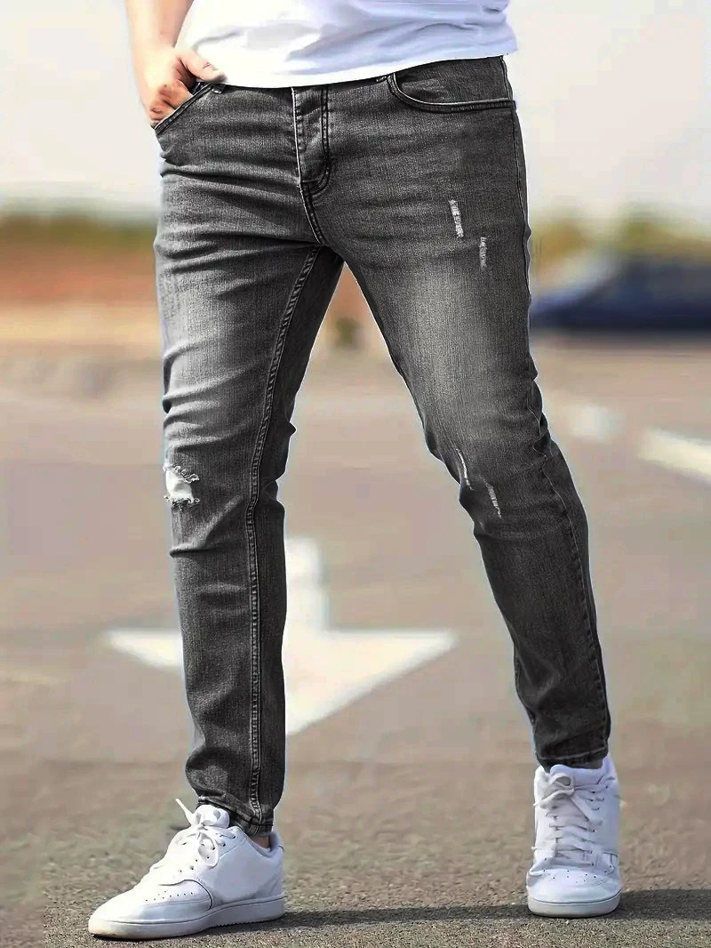 2026 Spring Men's Distressed Skinny Jeans Vintage Wash Elastic Biker Holes Casual Slim Fit Streetwear Denim Pencil Pants Joggers