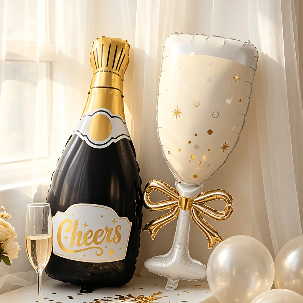2er-Set Champagnerflaschen-Schleifen, Weingläser und Ballons für Geburtstage, Verlobungen, Junggesellinnenabschiede, Hochzeiten und Geburtstagsdekorationen