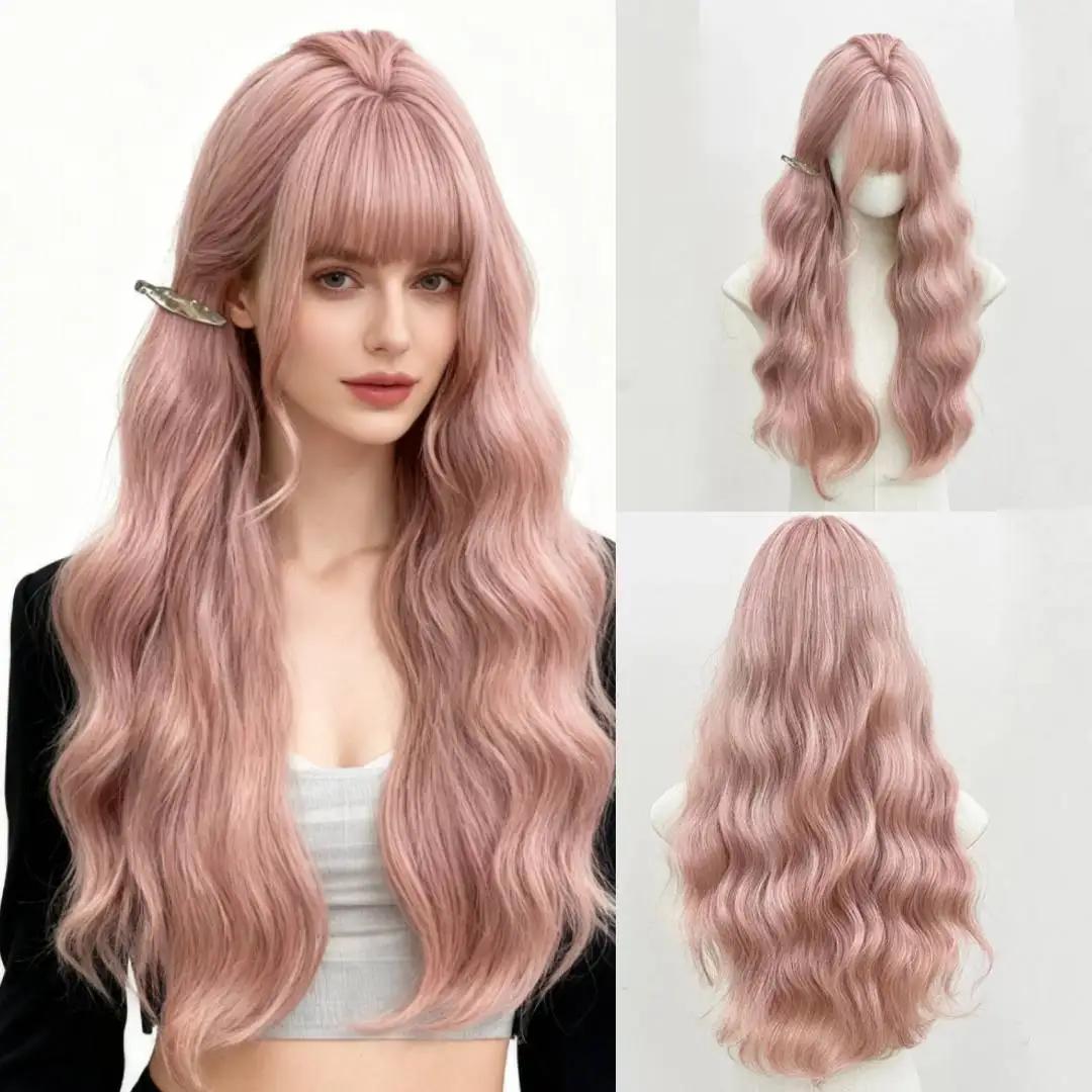 

Pink Wavy Wig With Bangs Long Curly Wave Halloween Costumes Wigs for Women Fashion Synthetic Natural Hair Heat Resistant Fiber