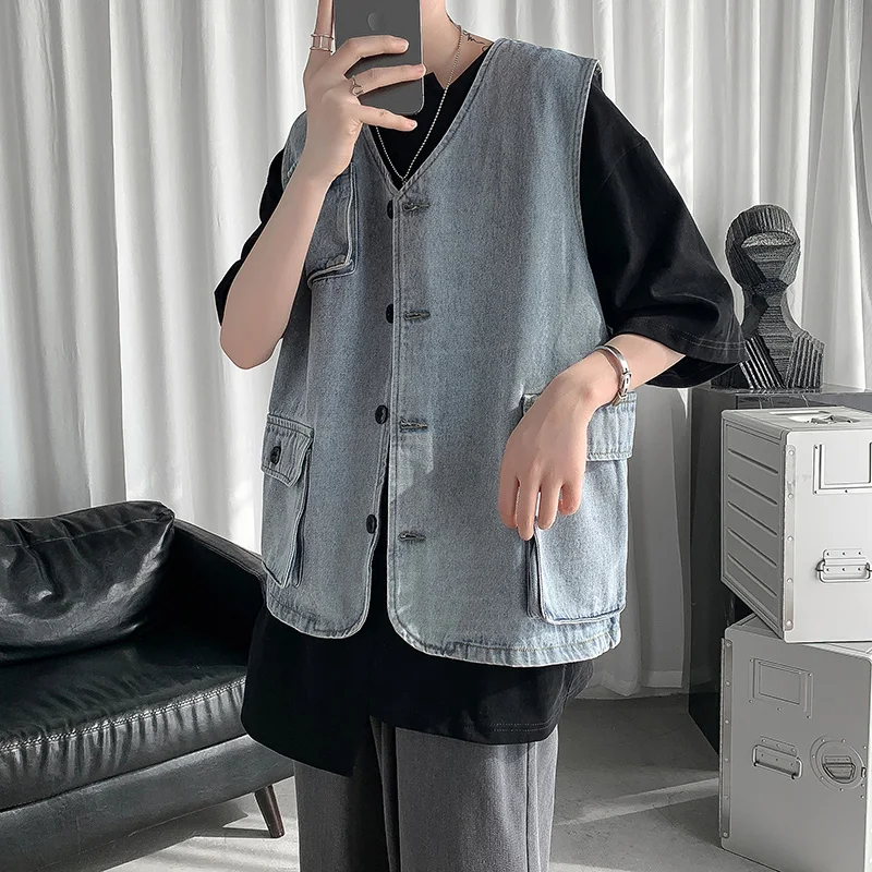 LAPPSTER-Youth Streetwear Pockets Jeans Vest 2023 Hip Hop Korean Fashions Denim Windbreaker Ins New In Korean Jackets Coats