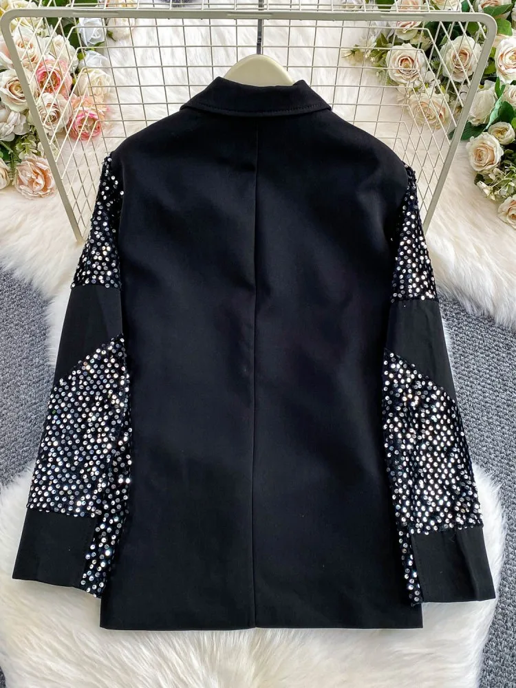 Giacca da donna casual con colletto rovesciato, vestibilità ampia, con paillettes, giacca monopetto a maniche lunghe, cappotto invernale da donna alla moda