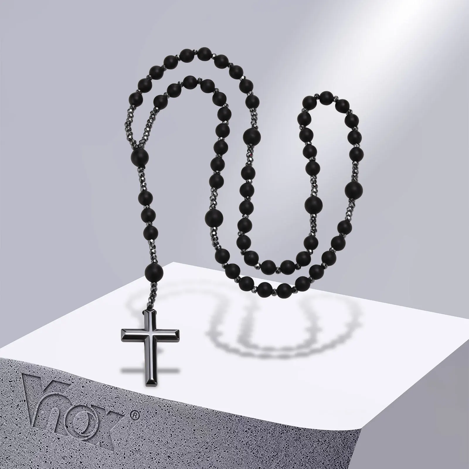 Vnox Black Rosary Cross Necklaces for Men Women, Power Balance Hematite Necklace, Church Prayer Jewelry