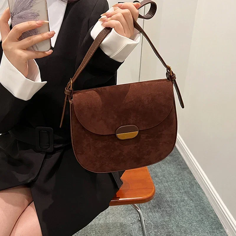 New Style Women Saddle Bag Suede Leather Retro Female Shoulder Bag Fashion Casual Handbag Large Capacity Crossbody Bag