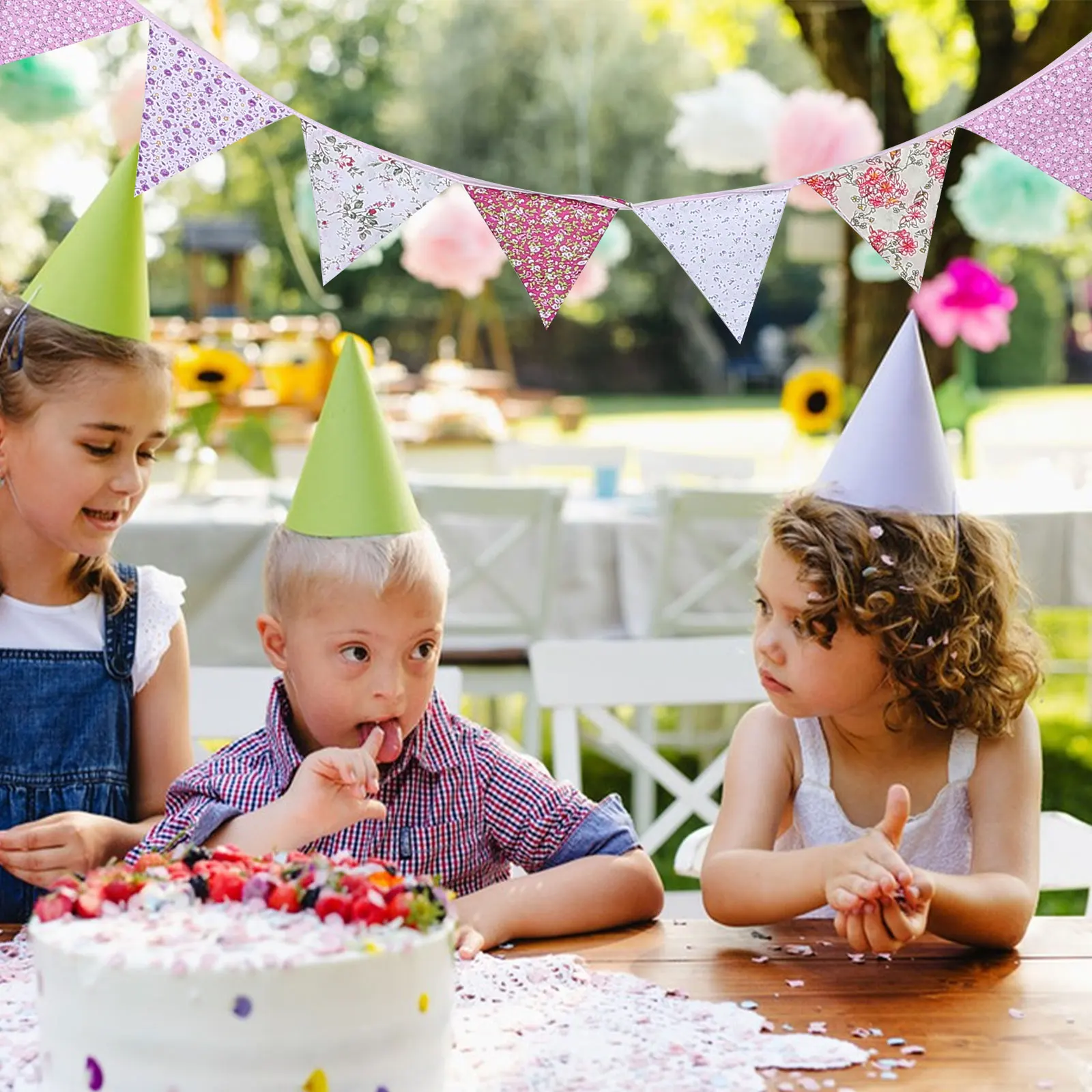 

Floral Triangle Banner Pink Country Decorations Birthday Wedding Pennant Banner Parties Vintage Cotton Pennant Flags
