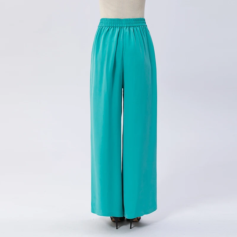 Elegant Asymmetrical Ruffles Silk Trousers Office Ladies Mojito Blue Pant Simple Elastic Waist Wide Leg Woman Pants KE596