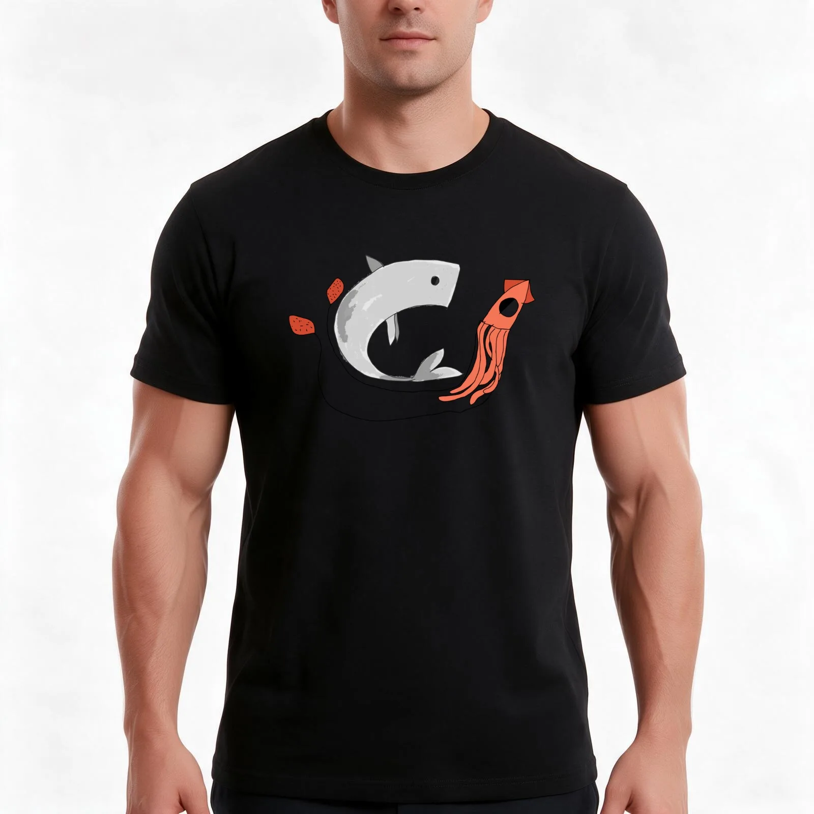 Whale vs Squid T-Shirt, Summer Casual Cotton Tee, Oversized Streetwear Tops, Vintage Graphic Print, Loose Fit Short Sleeve