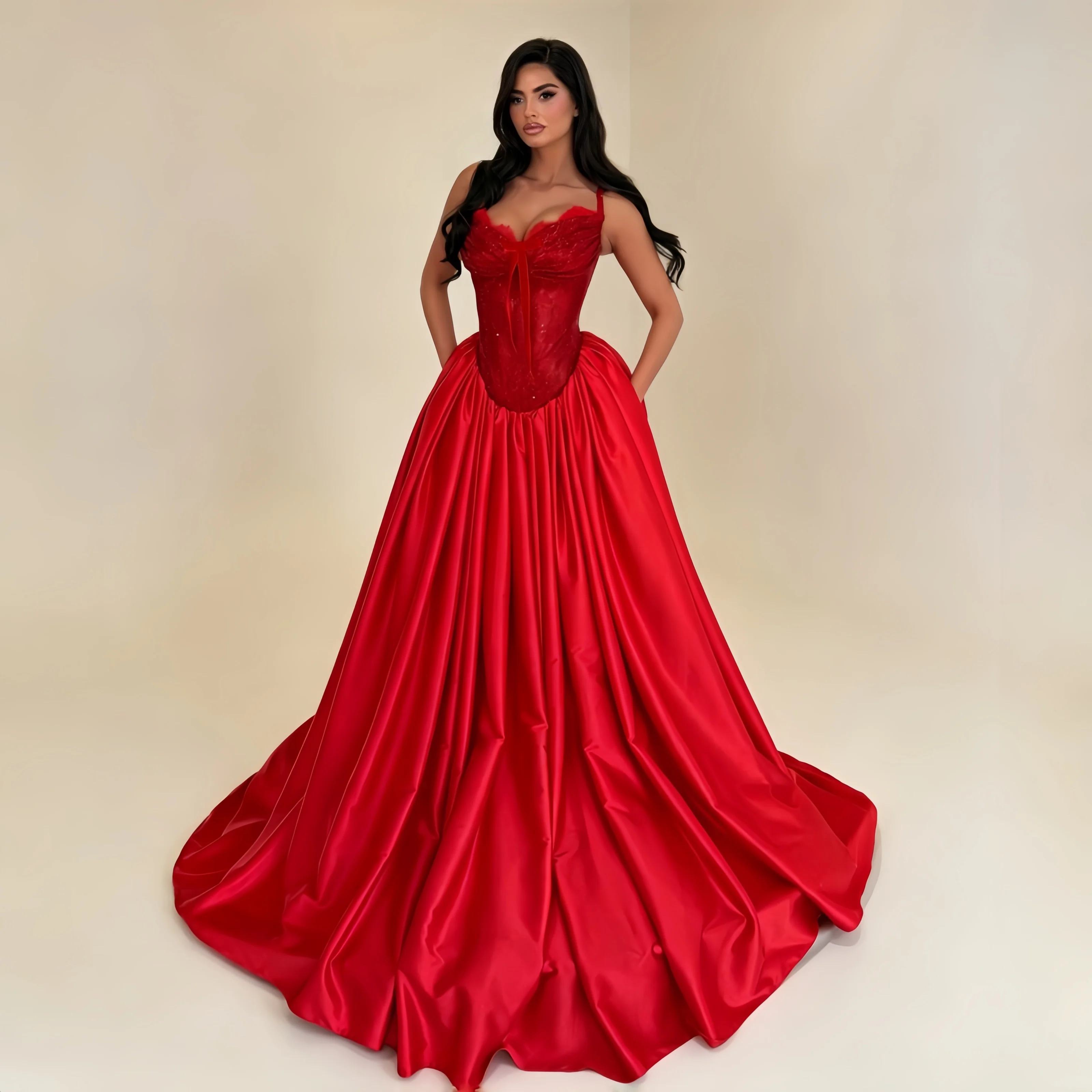 Luxury Red Women Evening Dress Lace Corset Vintage A Line Sleeveless Satin Floor Length Customized Formal Events Dresses