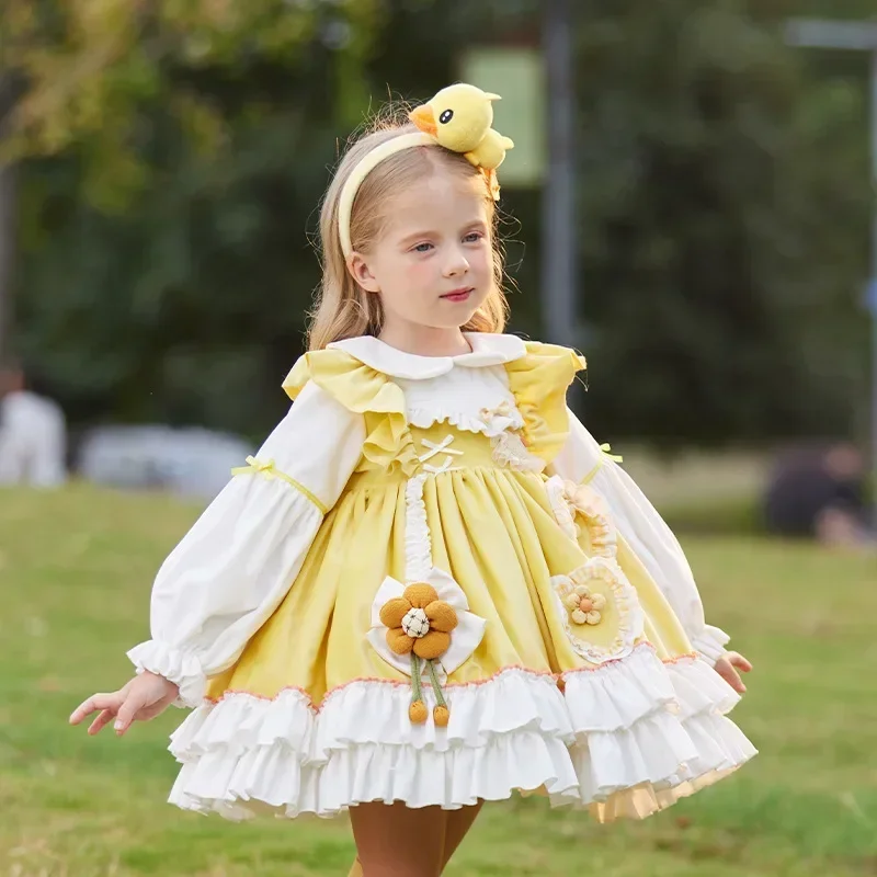 2024 Princess Lolita Dress for Girls Children Infant Vestidos Yellow Duck Layered Dresses for Kids Spanish Velvet Winter Autumn