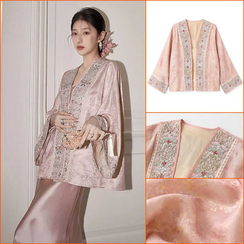 

Новый женский кардиган-кимоно в китайском стиле, юката, хаори, элегантная жаккардовая куртка с бисером и пайетками, верхняя одежда, топ в стиле ханьфу, роскошный костюм в стиле династии Тан