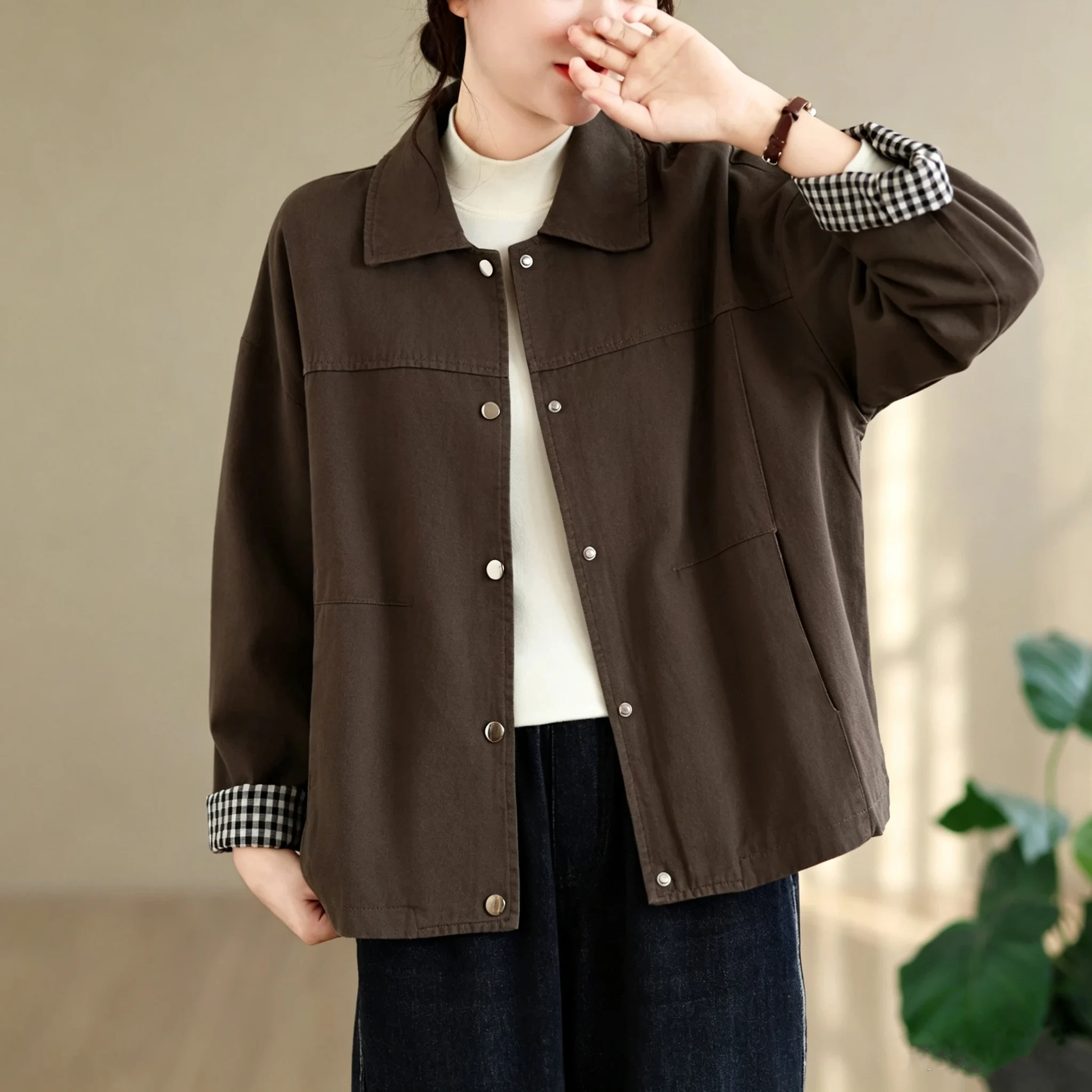 Casual Short Coat Women's Spring Autumn Loose Large Size Long Sleeve Turn-down Collar Top Versatile Cotton Blend Fashionable