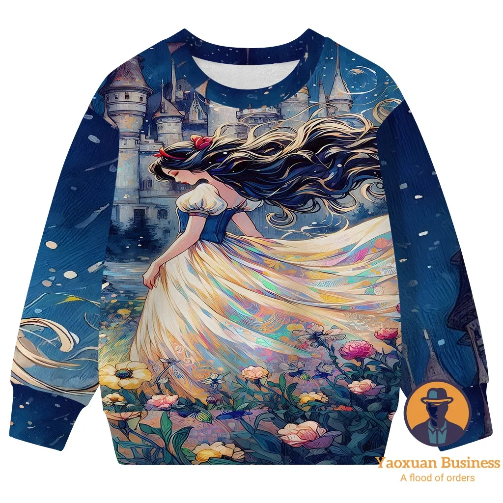 2025 رائجة البيع سنو وايت ليتل بنات بنين ثلاثية الأبعاد الكرتون طباعة طاقم الرقبة البلوز لطيف دافئ يندبروف الخريف الشتاء أنيق ​