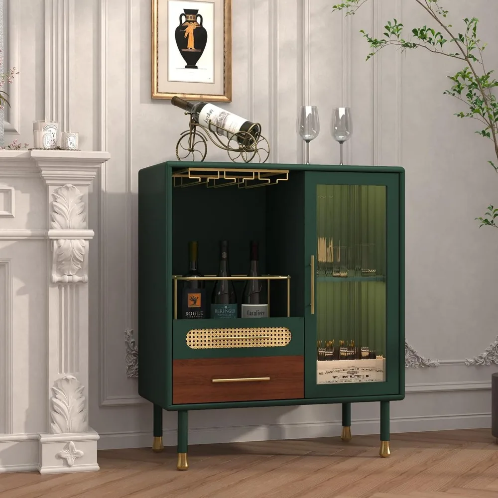 Modern Coffee and Wine Cabinet with Glass Rack and Drawers, Storage Solution for Kitchen