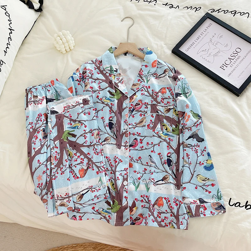 Autumn Winter New Ice Silk Home Wear Lapel Cardigan Sets for Women 2 Pieces Fashion Printing Women\'s Clothing Set Soft Sleepwear