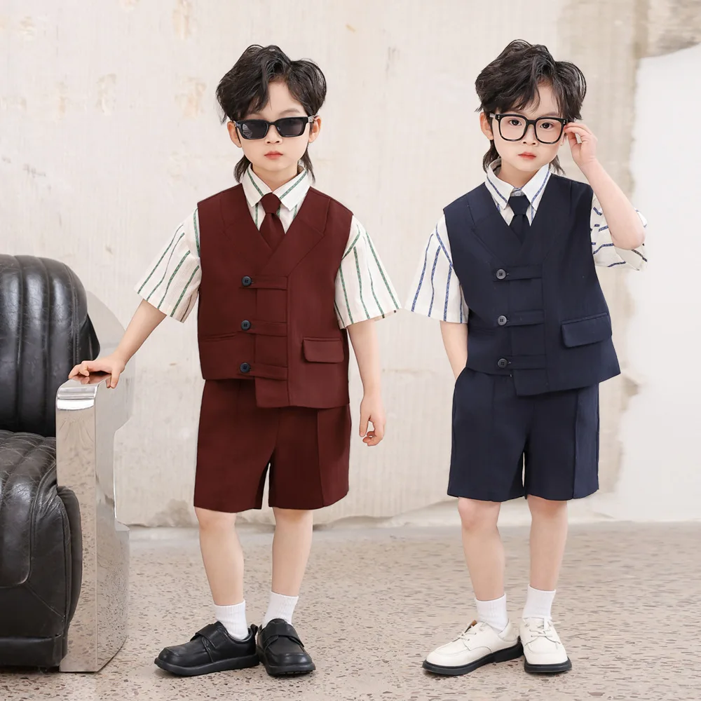 Children's Vest Set Stylish Preppy Summer Wear Baby First Birthday Photography Outfit Kindergarten Activity Performance Costume