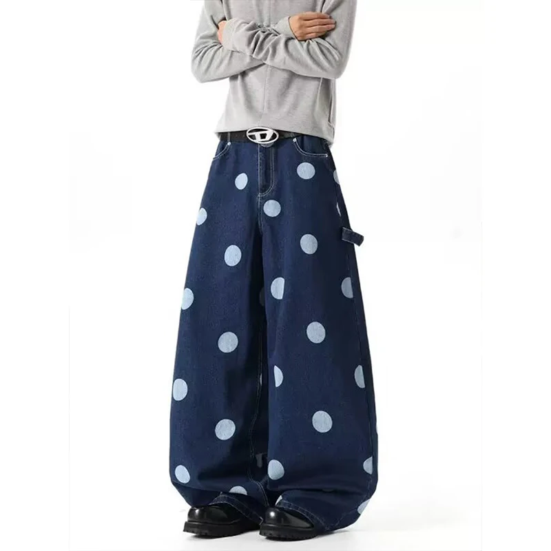 Fashion  Man's Wide Leg Denim Pants Low Waist Dots Print Baggy Jeans Loose Fit Trousers Daily Casual Street Trousers