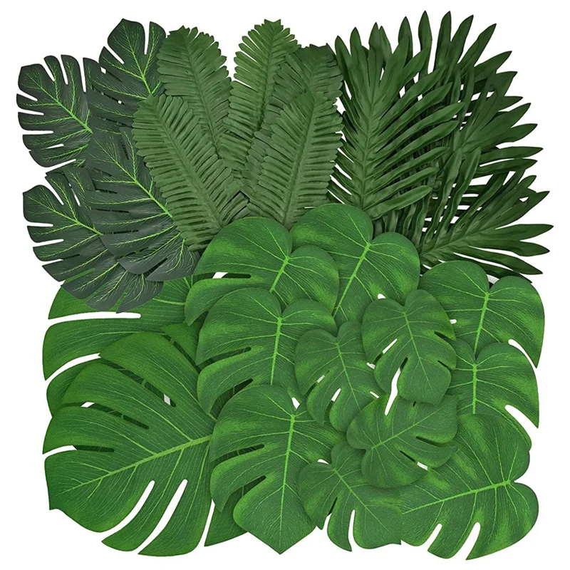 Hojas de palma artificiales de Monstera Tropical, decoración de hojas de jungla, hojas de palma con tallos, 84 piezas, 6 tipos