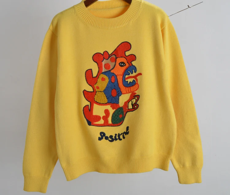 

Autumn Winter Thiened round Ne Retro Lazy Cartoon Embroidery Loose Knitted Long Sve Women's Top Comfortable Casual Sle