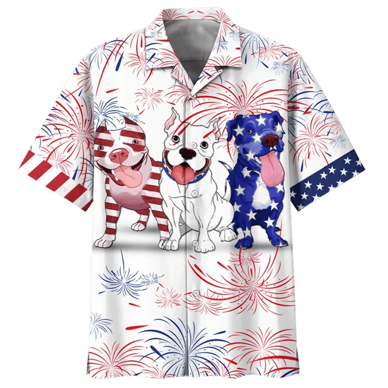 Funny Pitbull Dog 3D Printed Men's Beach Shirt Cute Animal Print Short Sleeve Hawaii Shirt Button Lapel Mens Top Casual Clothing