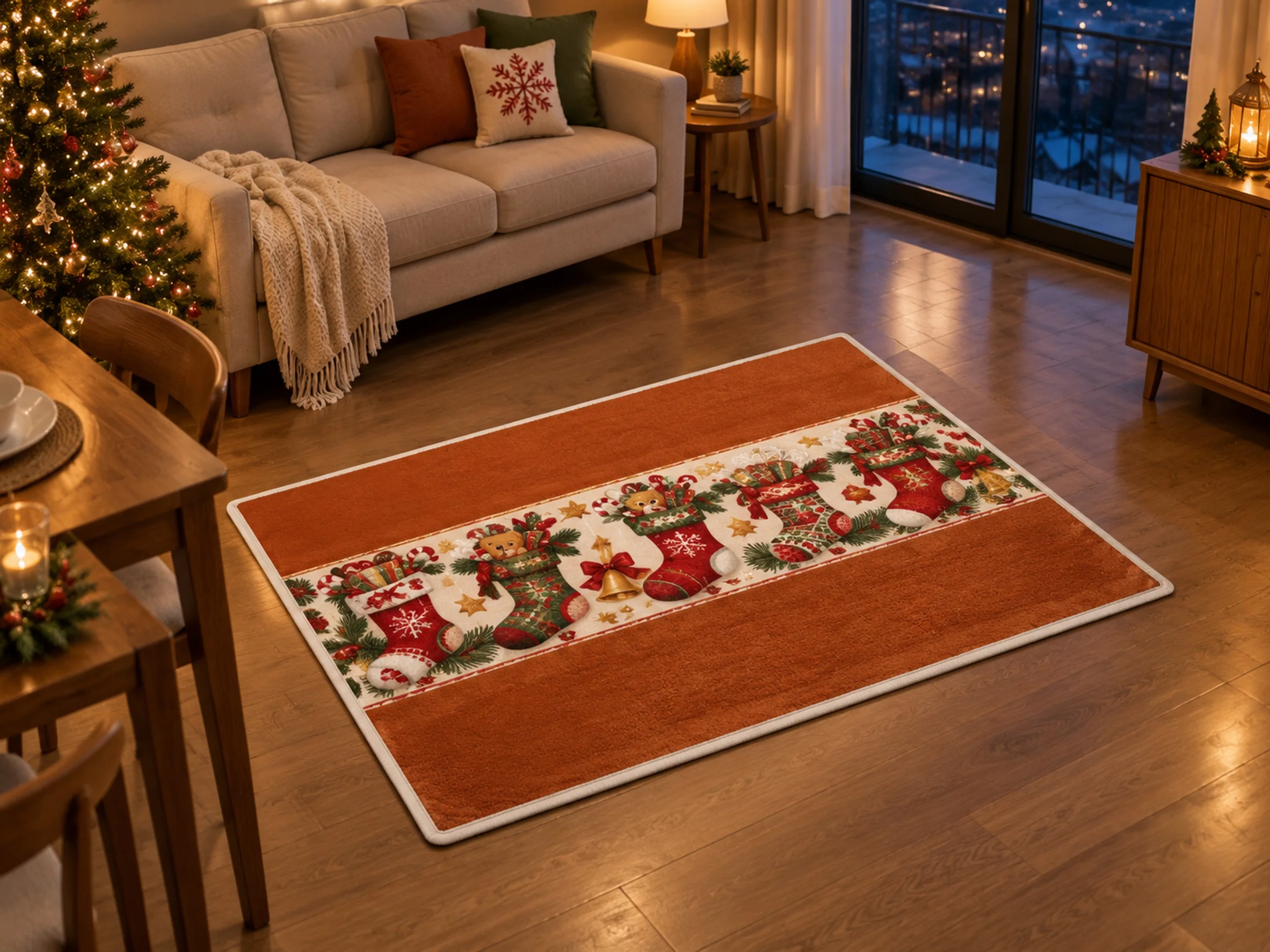 VIKAMA Christmas Amber Brown Stocking Flannel Door Mat, Thickened Memory Foam Mat, Xmas Decor for Dining Room, Guest Room