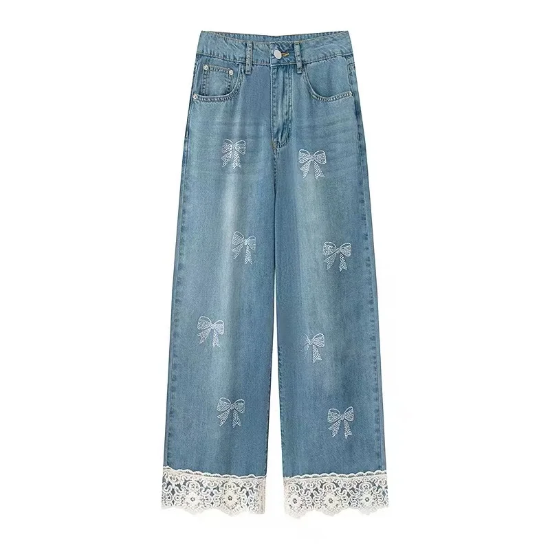

Vintage Lace Patchwork Embroidered Beaded Jeans For Women High-waist Casual Straight-leg Wide-leg Pants Japanese-korean Style