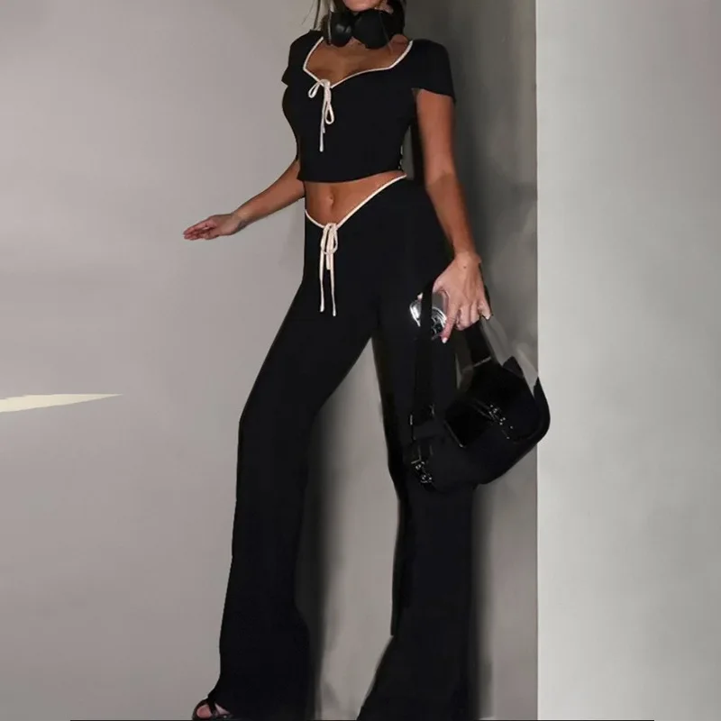 Sexy Sweetheart Hot Girl Black Set Women's Short Open Umbilical Top Drawstring Wide Leg Pants Set Women's Wear hosen sets