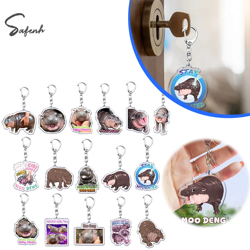 Funny Baby Hippo Keychain Cute Moo Deng Meme Bag Pendant Keyring Backpack Hanging Decorations Accessories Fans Gifts