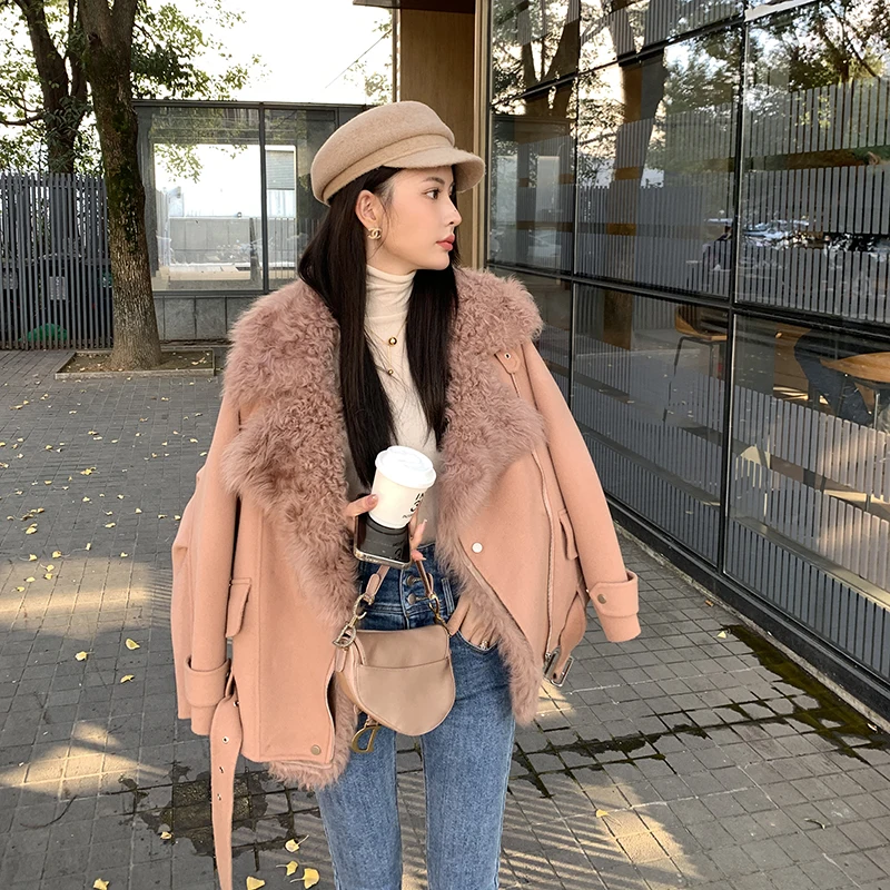 

Демисезонное двустороннее пальто из тосканской овчины YUM STAR, корейское, с длинными рукавами, для повседневной носки, женская шуба-жакет