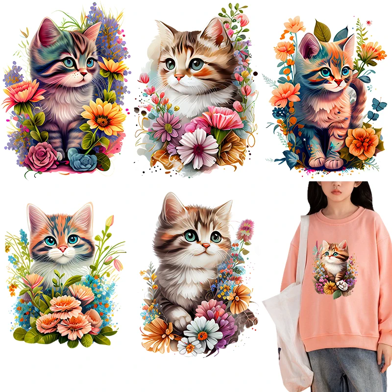 Cute Cat and Flower Iron On Patches Kitty Iron on transfer for clothing dtf transfers ready to press Heat Transfer Printing