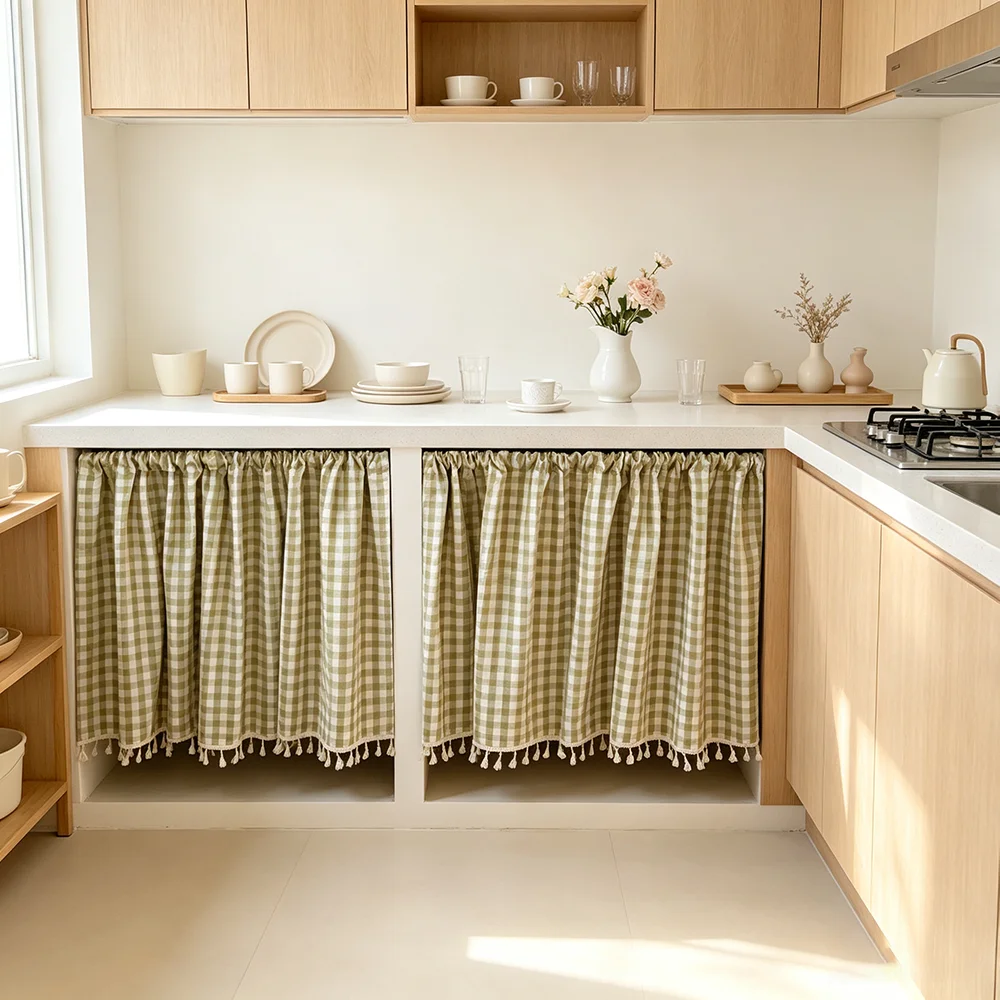 1pc Kitchen Cabinet Curtain Polyester Gingham Print Curtain Open Shelf Under Sink Partition Curtain Minimal Farmhouse Decor